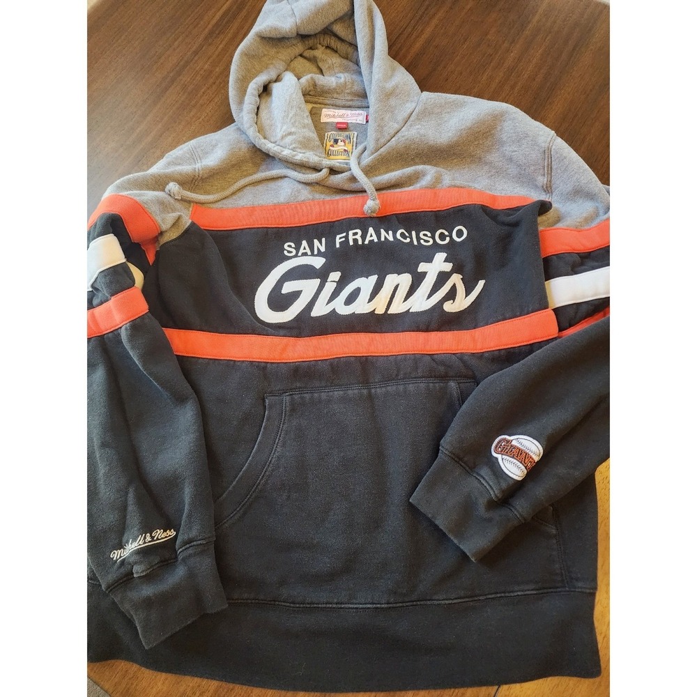 MITCHELL & NESS SF Giant Hoodie! L  Colorblock Embroidered Black Athleisure Y2K